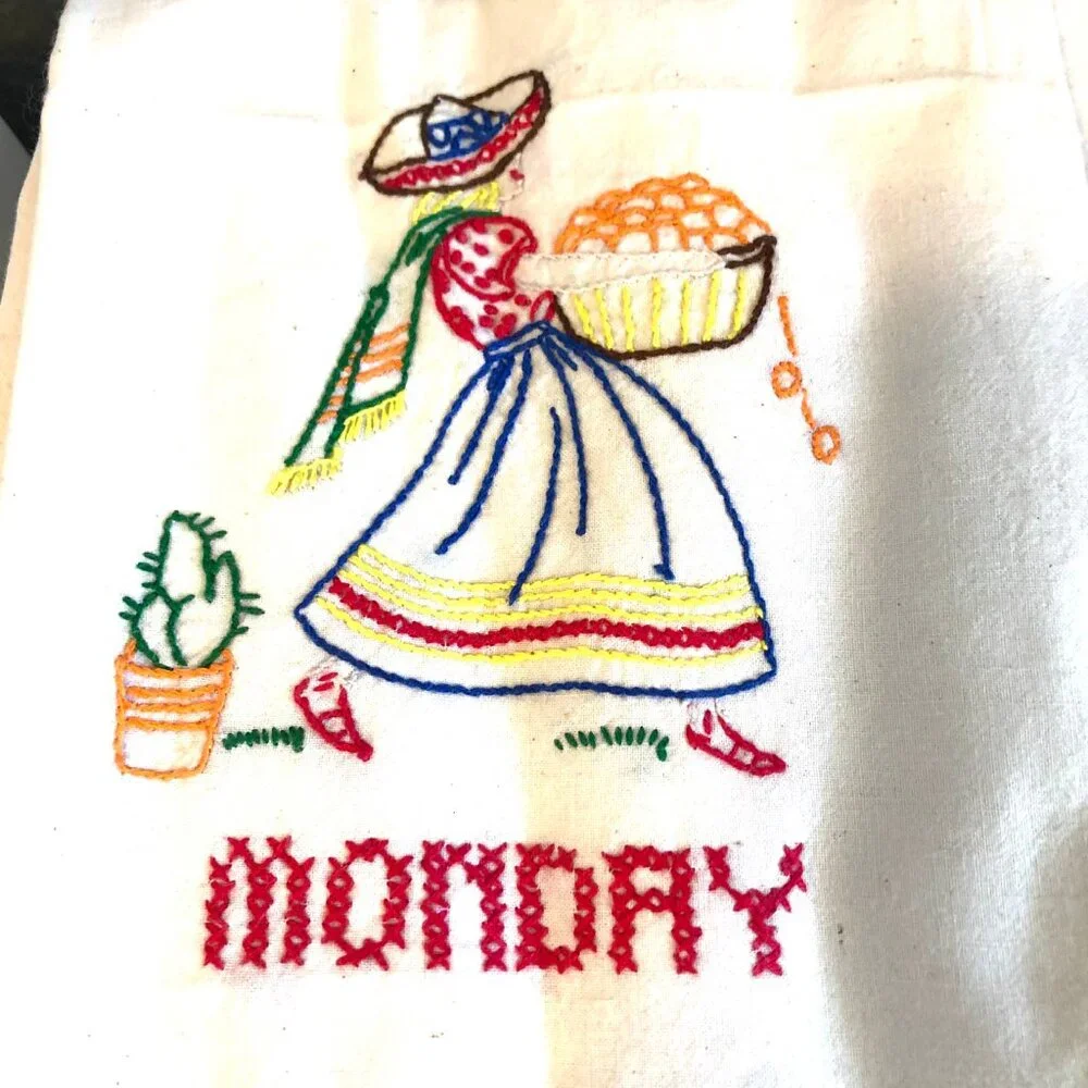Set of 7 Vint 60s Collectible Embroidered Tea Towels Mexican Design Days Of Week